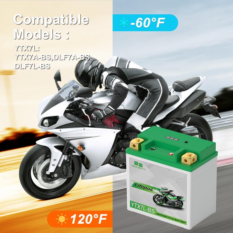 SDULIBITIY بطارية دراجة نارية YTX7L-BS ليثيوم LiFePO4 12V 4Ah 300A بديل بطارية YTX5L-BS YTZ7S-BS YTX4L-BS YTZ5S-BS للدراجات الرباعية، UTV، 4 عجلات، PWC، Seadoo، Polaris وبطارية مولدات - Image 4